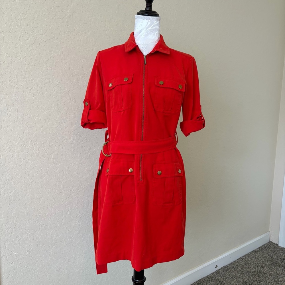 Sharagano Shirt Dress Zip Front Belted Collared Roll‎ Tab Sleeve Workwear Size 4